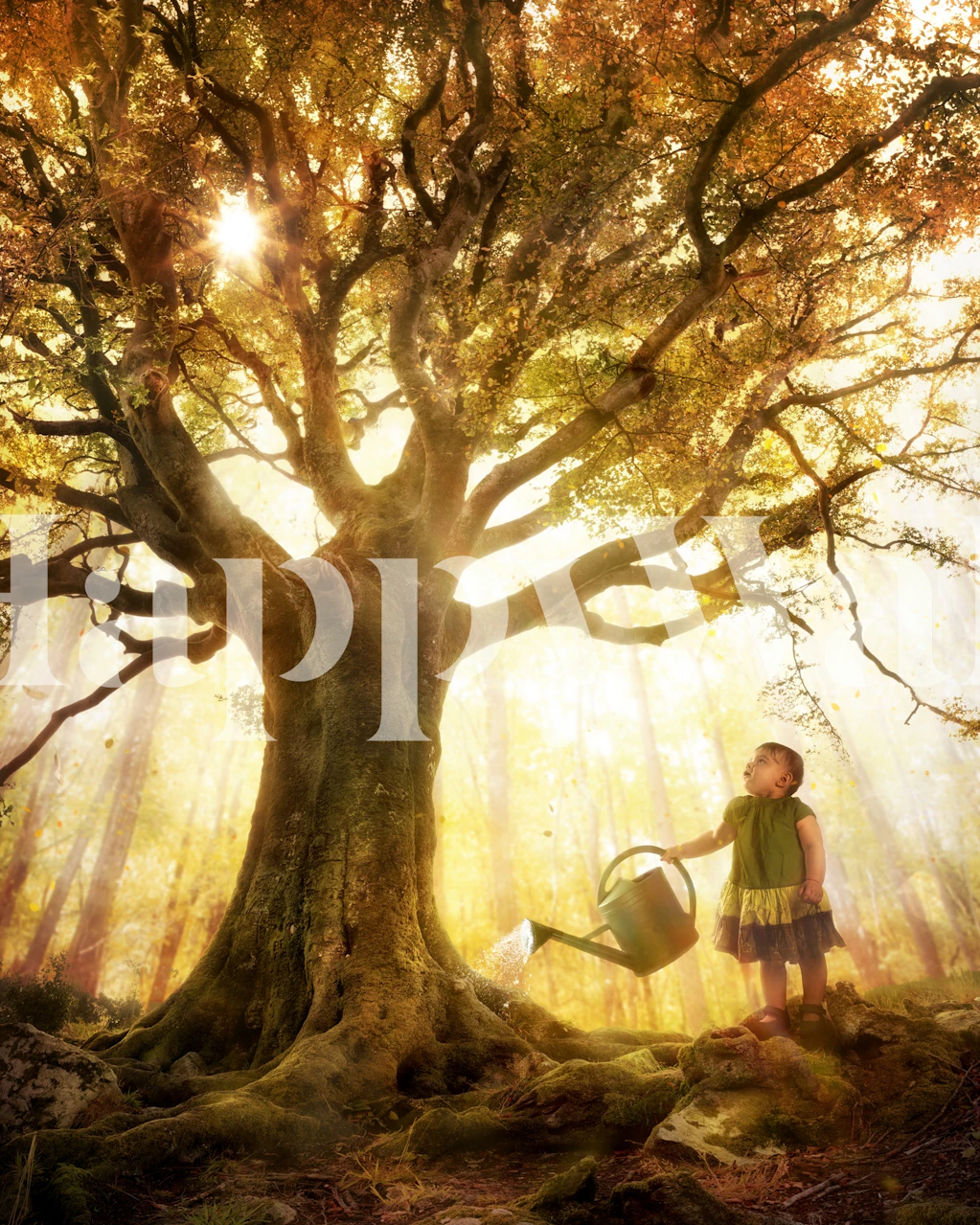 Barn med en vandkande stående under et gammelt trævægmaleri