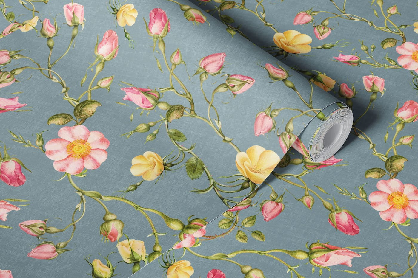 Vintage Roses in slate blue wallpaper roll