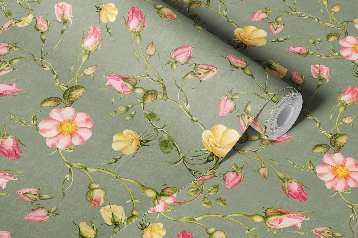 Vintage Roses in sage green wallpaper roll