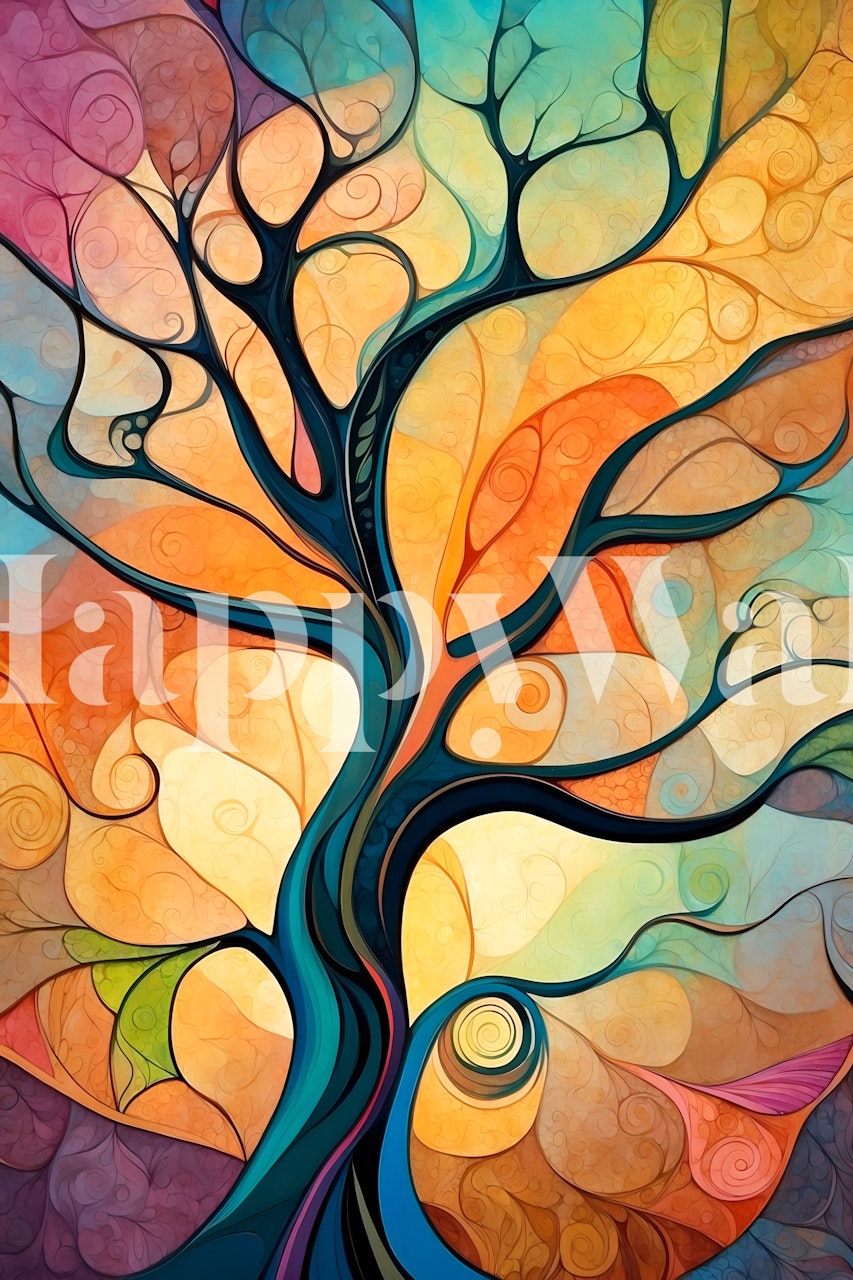 Abstract tree design with vibrant autumn colors like orange, yellow, and blue wallpaper