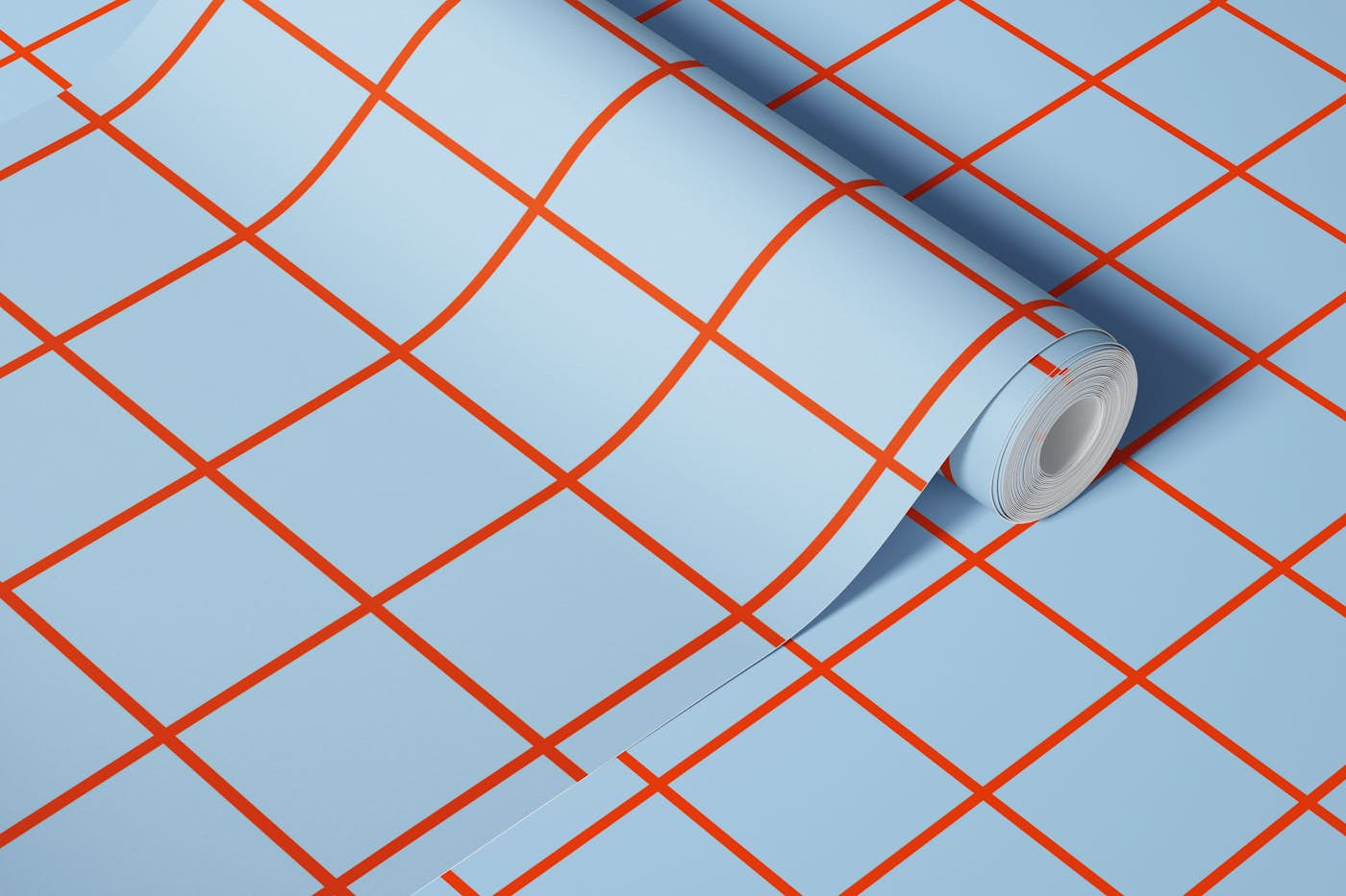 Simple Red Lines Blue Tiles Grid wallpaper roll