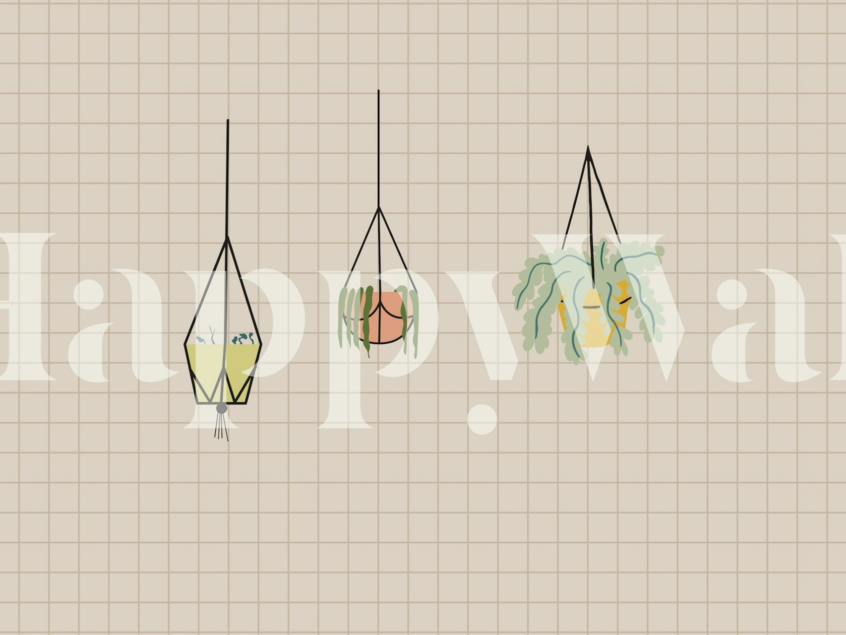 Mural de parede moderno inspirado na Bauhaus com plantas penduradas esboçadas em vasos geométricos sobre um fundo de grade de azulejos