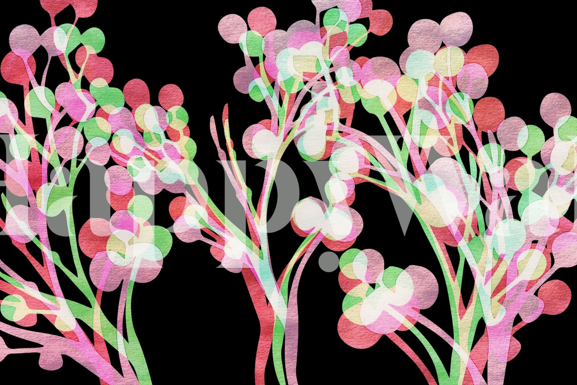 Pink and green floral pattern on black background wallpaper