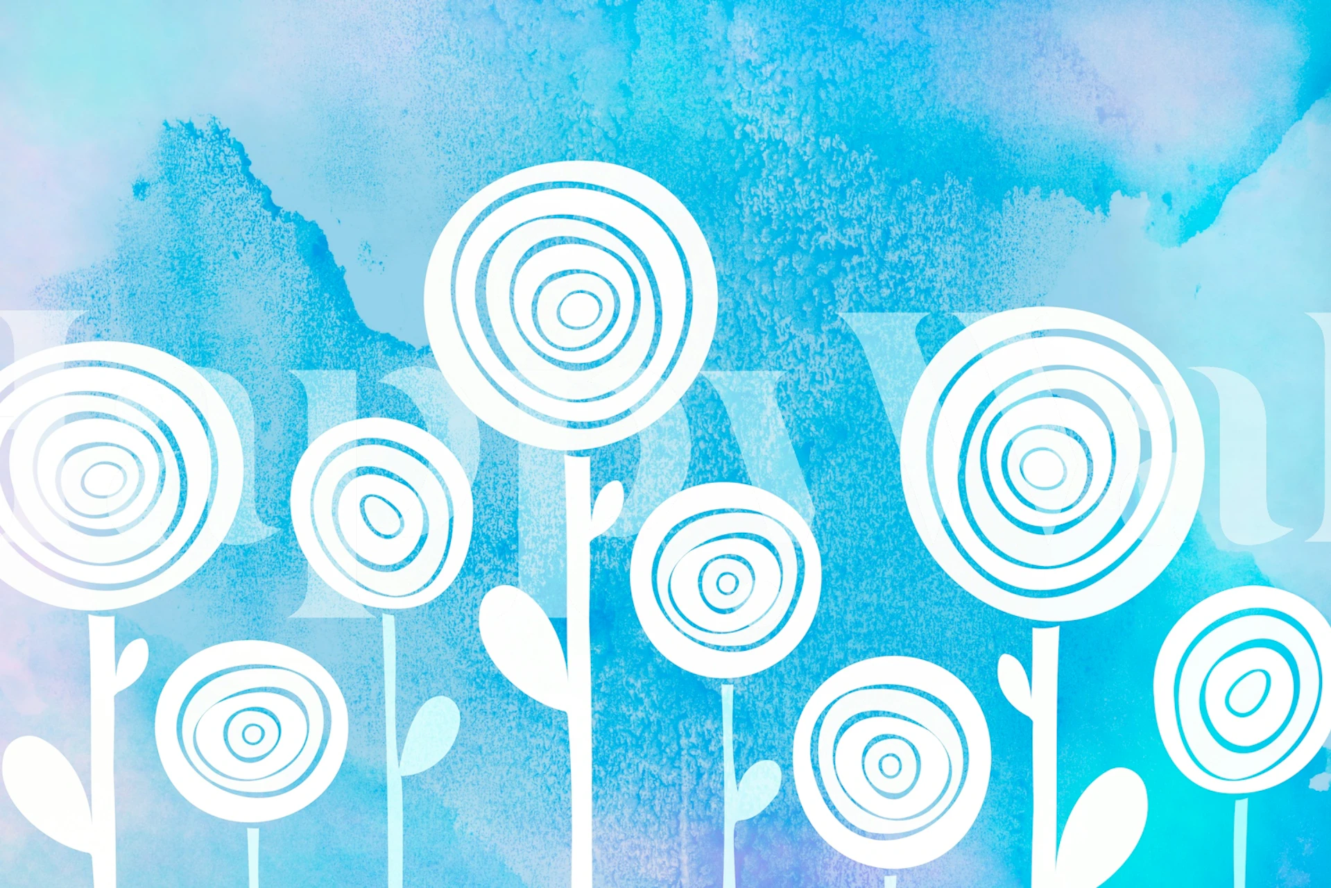 Artistieke muurschildering met gestileerde witte bloemen op blauwe aquarelachtergrond