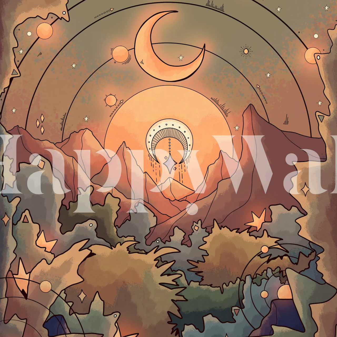 Enchanted forest wall mural with stars, crescent moon, and hot air balloon