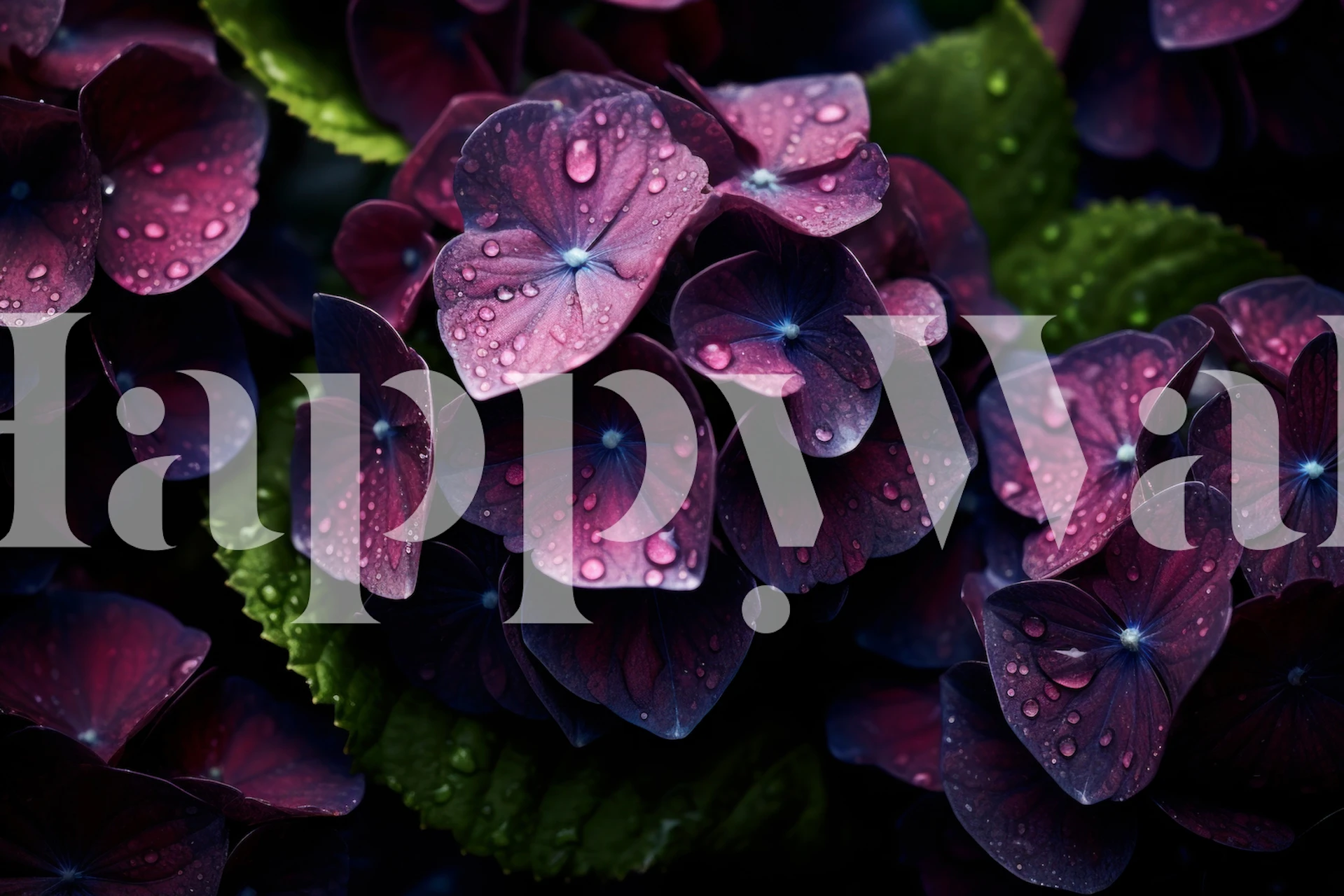 Dark hydrangea flowers with droplets, green leaves, floral wallpaper