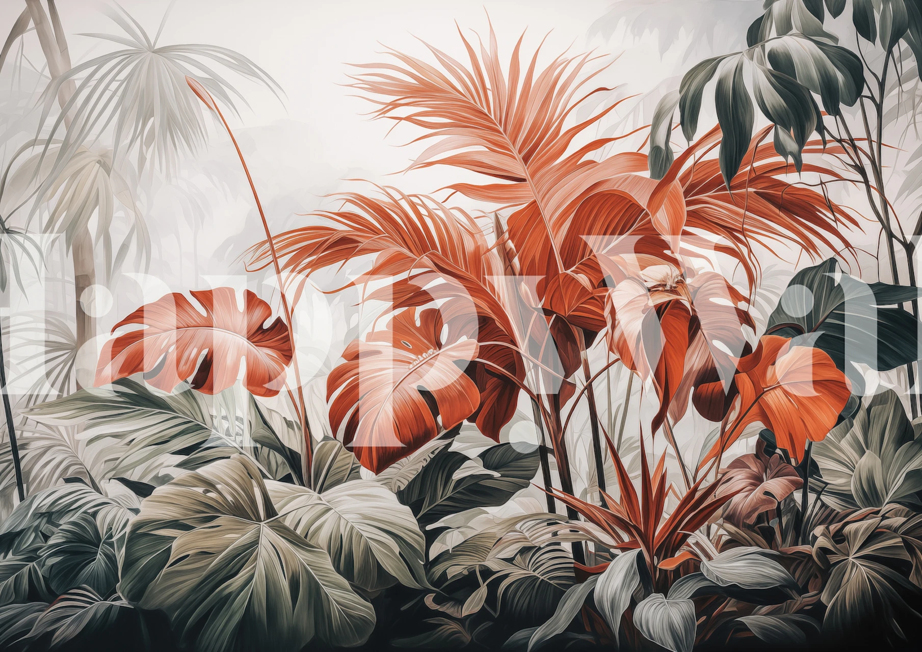 Carta da parati con fogliame verde lussureggiante con accenni di struttura in marmo