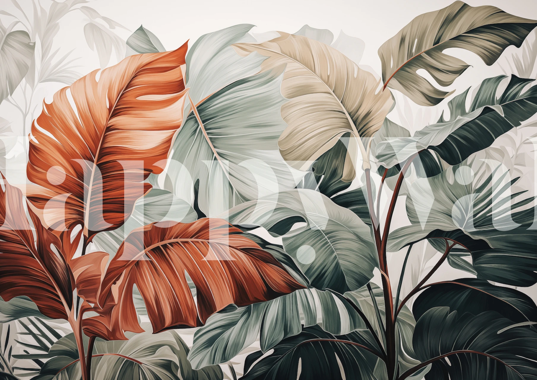 Muurschildering met tropisch bladmotief in verschillende tinten groen en oranje