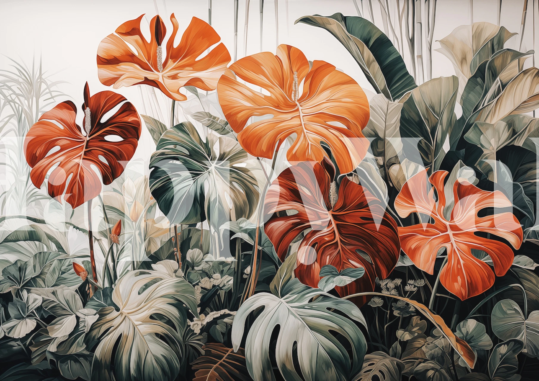 Tropical leaves in orange and green tones wallpaper