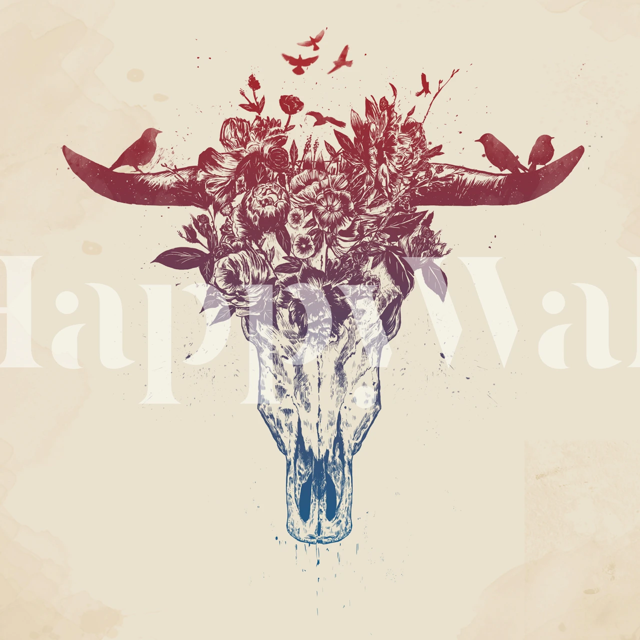 Floral skull wallpaper featuring colorful floral designs and horns