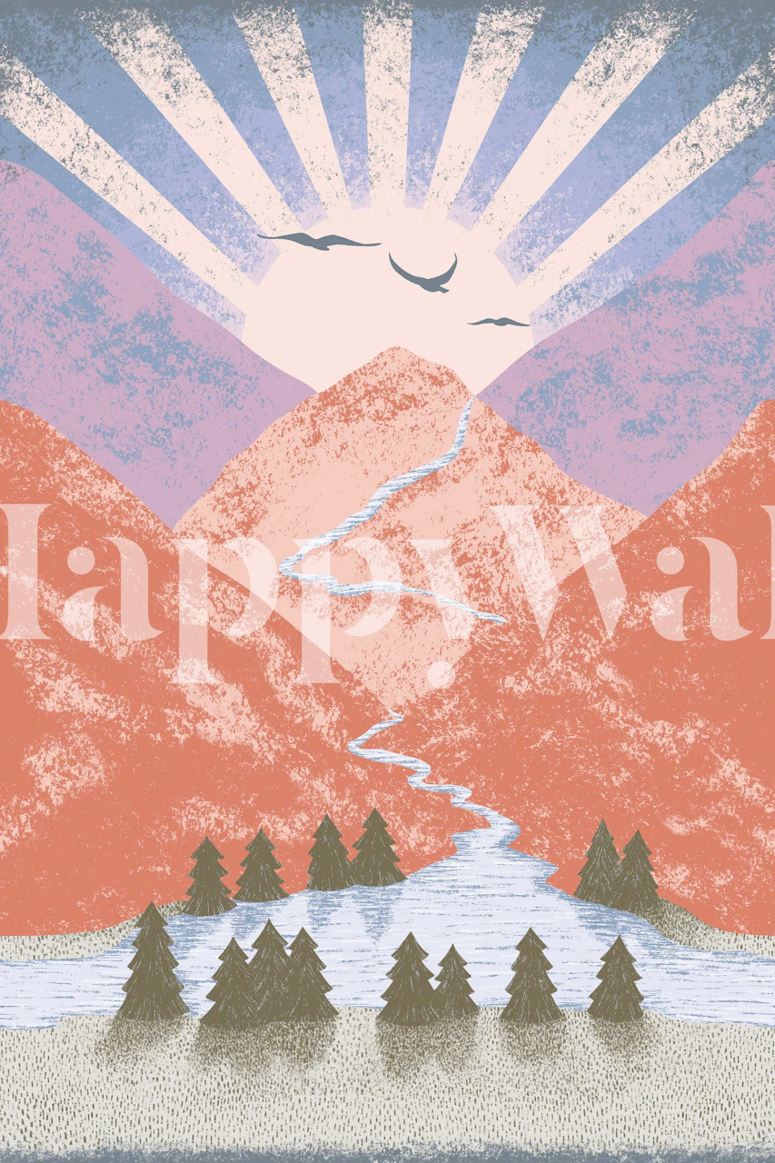 Mountain landscape wallpaper with pastel colors and sun rays