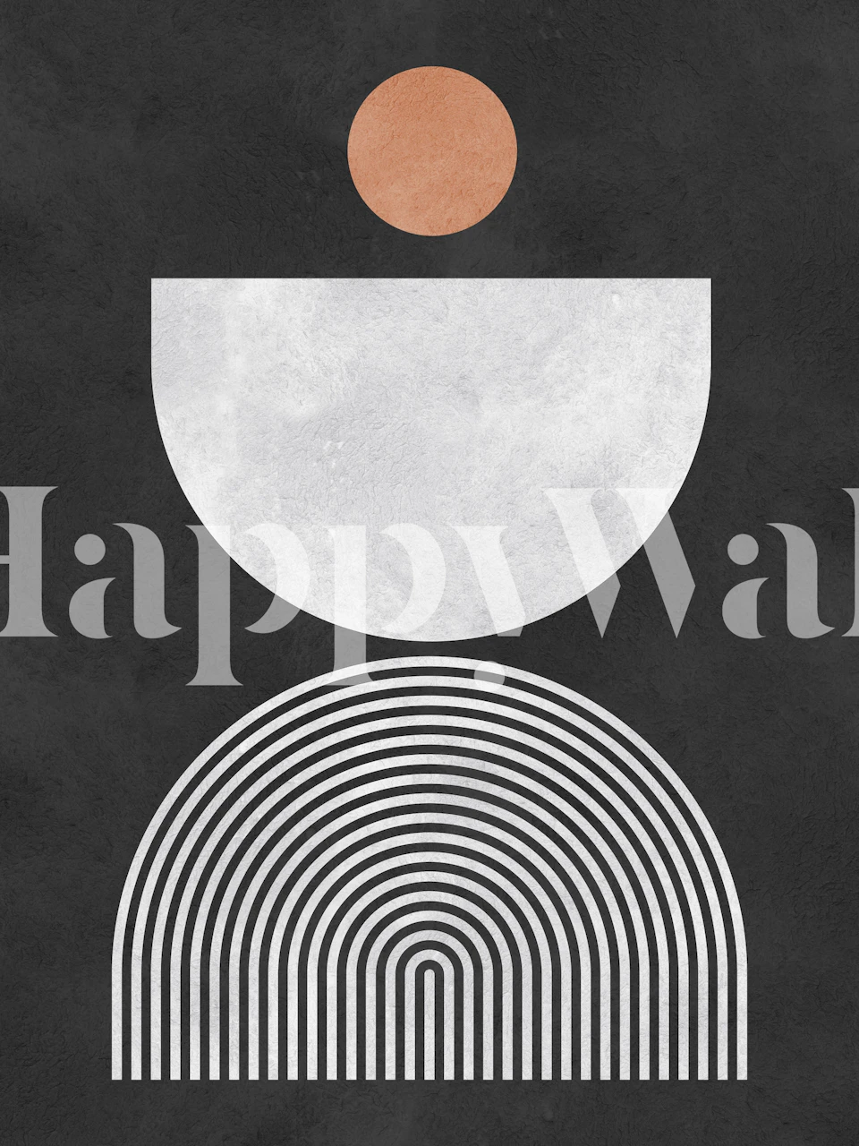 Carta da parati astratta con linee e cerchi in terracotta e bianco su sfondo nero