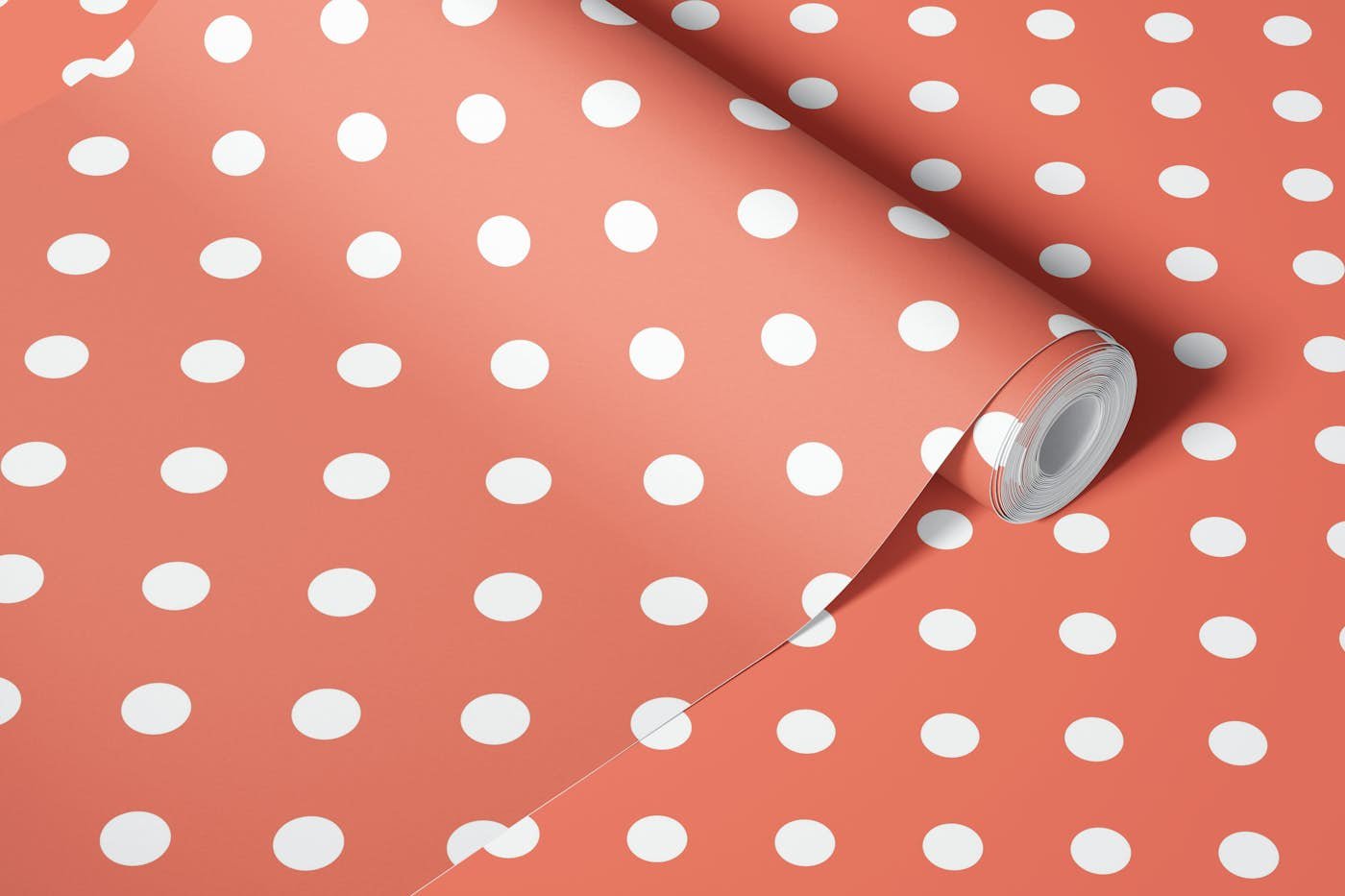 Polka Dots - White on Coral wallpaper roll