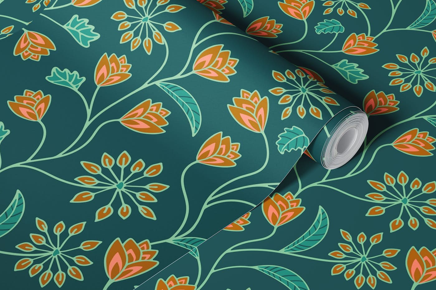 TANGLED Climbing Flower Vines - Teal Green wallpaper roll