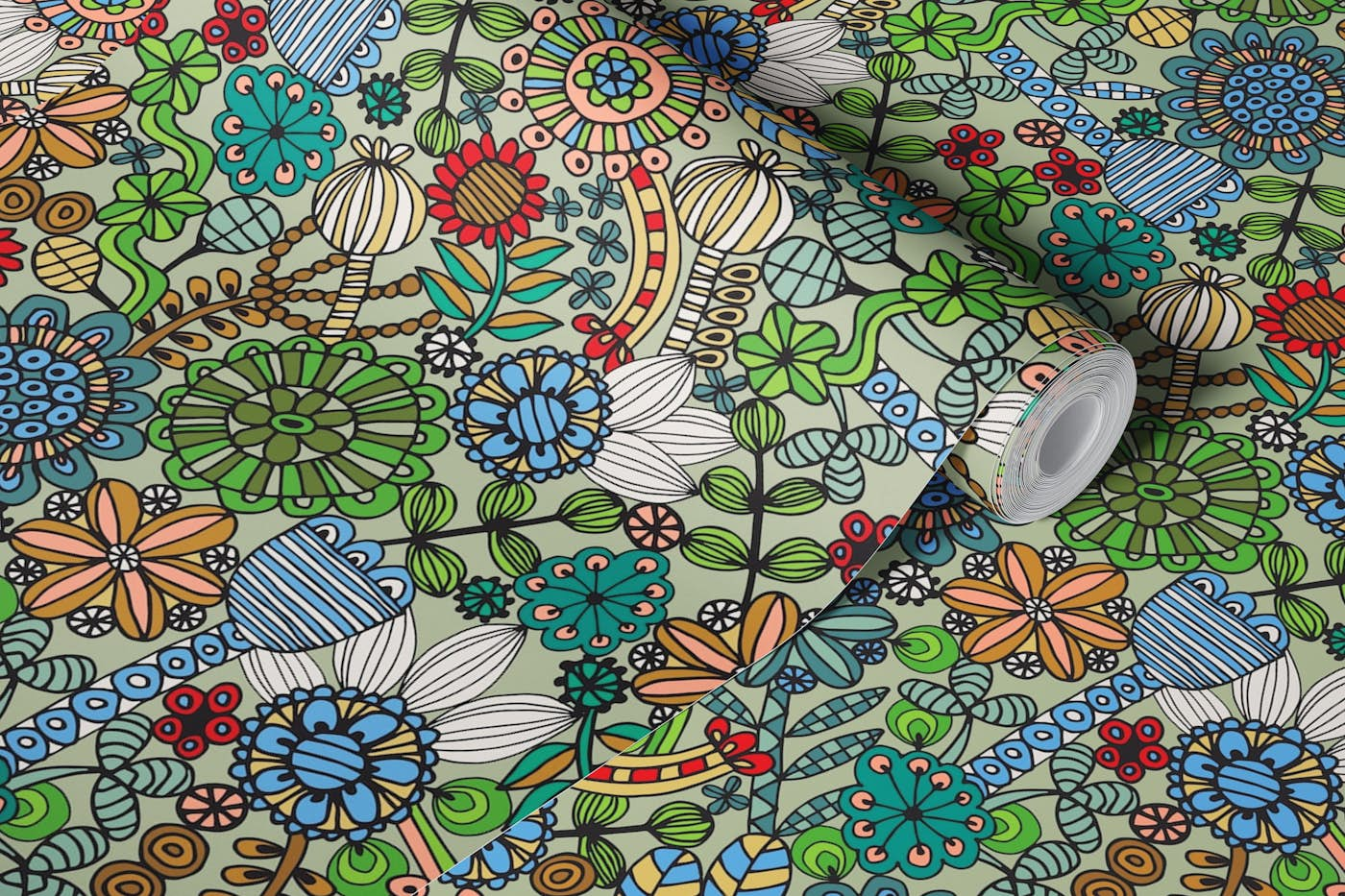 COLOURING BOOK FLOWERS Retro 70s Colours wallpaper roll