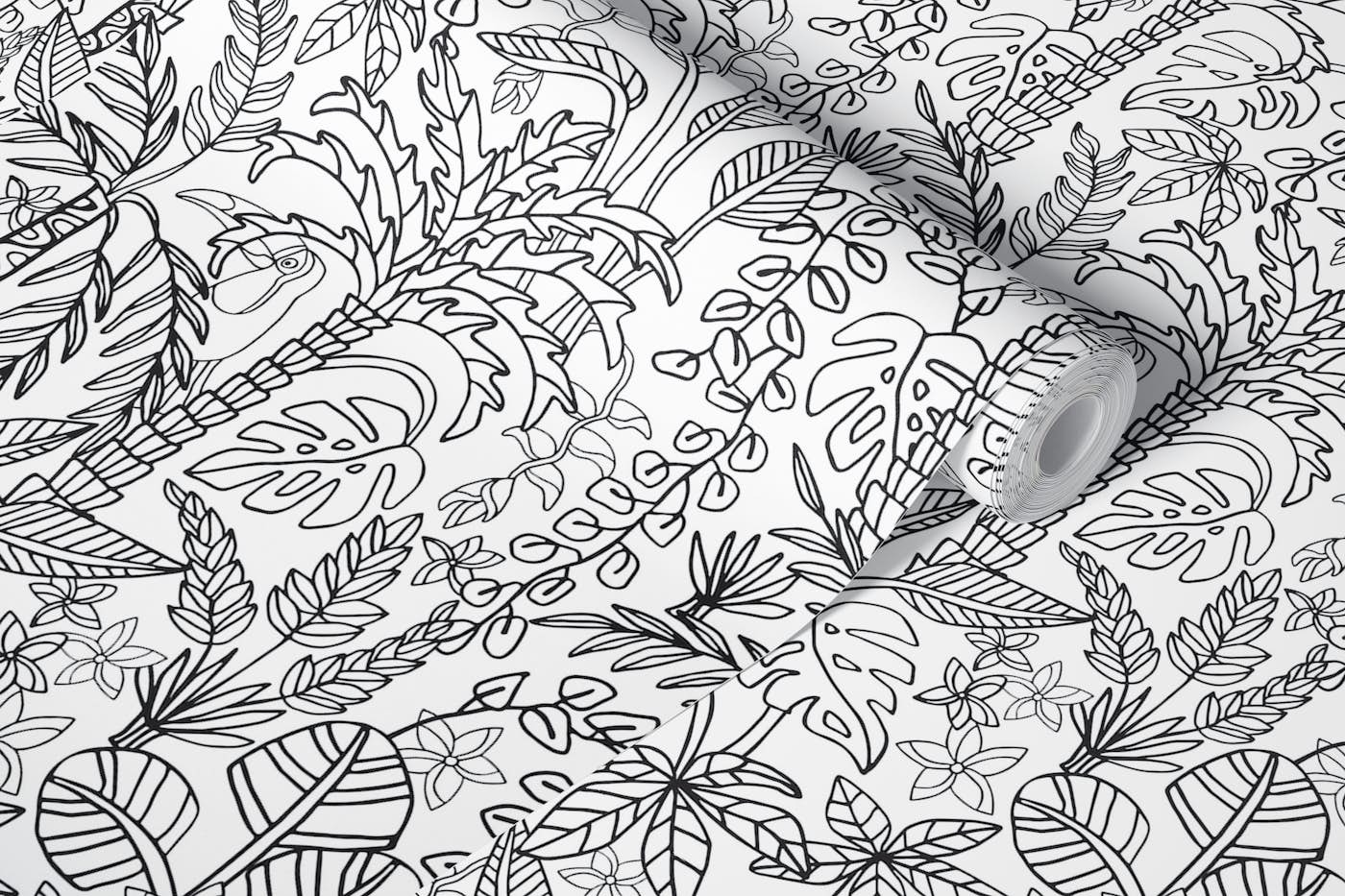 COLORING BOOK JUNGLE Toucan Black White Line wallpaper roll