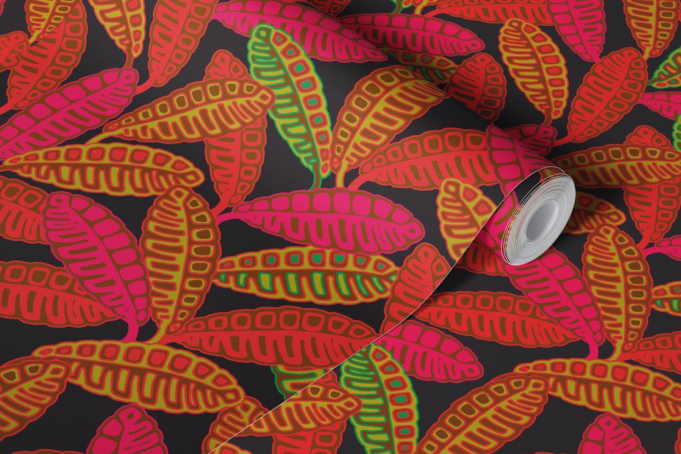 CALATHEAS Mod Tropical Leaves Fuchsia Orange wallpaper roll