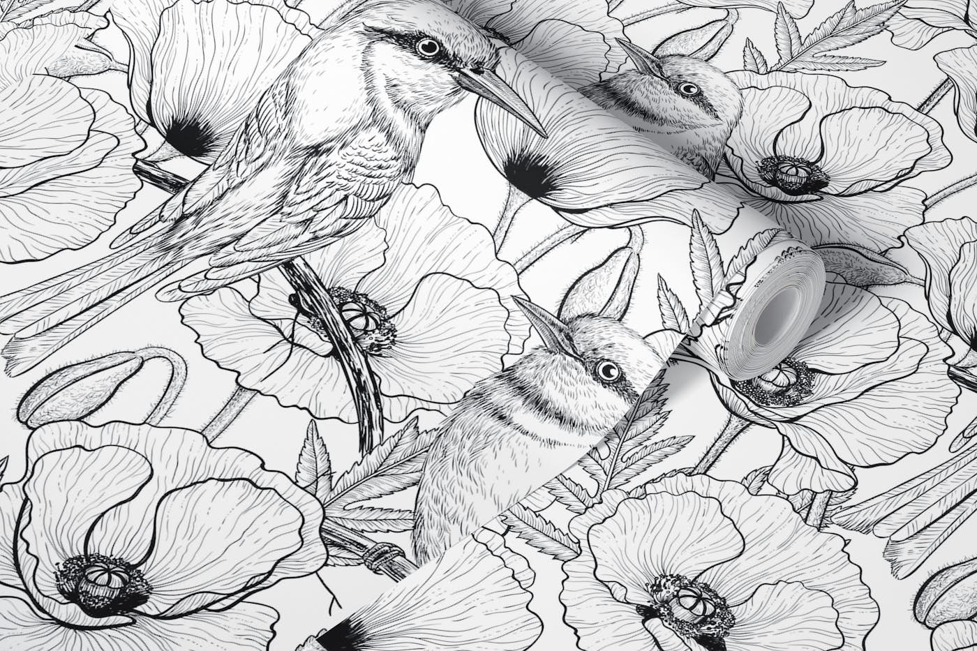 Bee eaters and poppies in black and white wallpaper roll