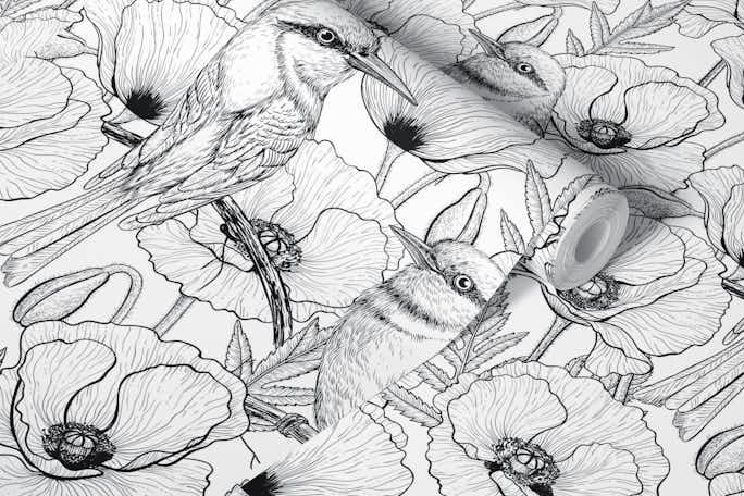 Bee eaters and poppies in black and whitewallpaper roll