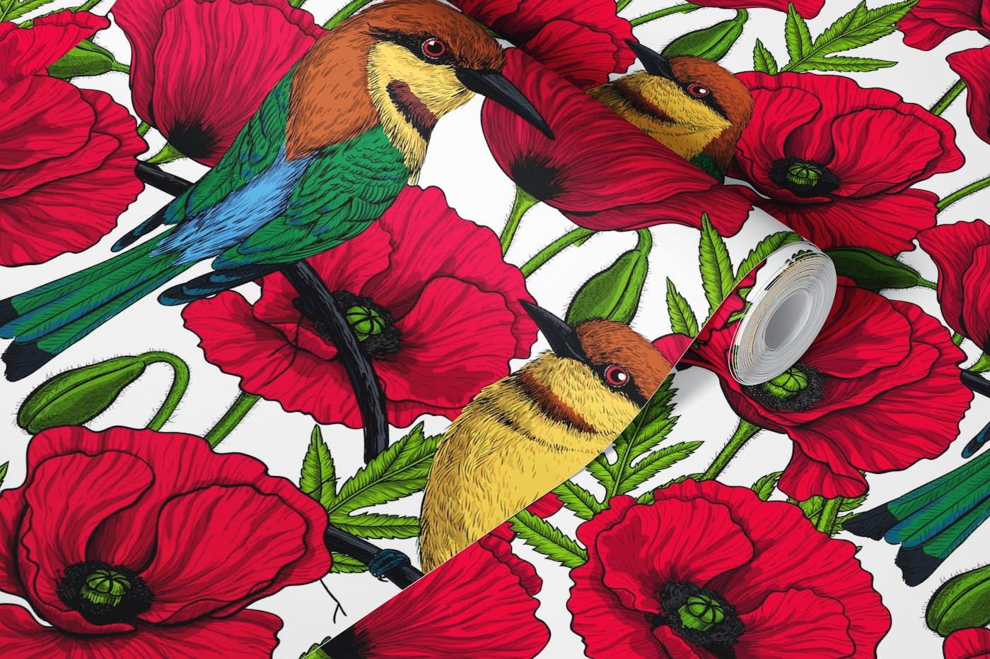 Bee eaters and poppies on white wallpaper roll