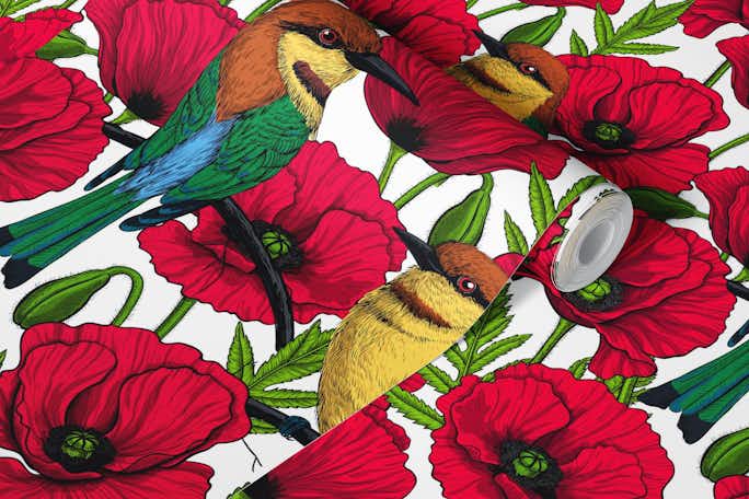 Bee eaters and poppies on whitewallpaper roll
