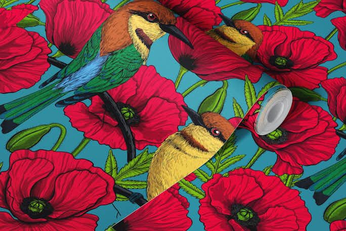 Bee eaters and poppies on turquoisewallpaper roll