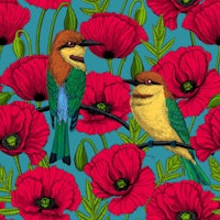 Bee eaters and poppies on turquoise tapete