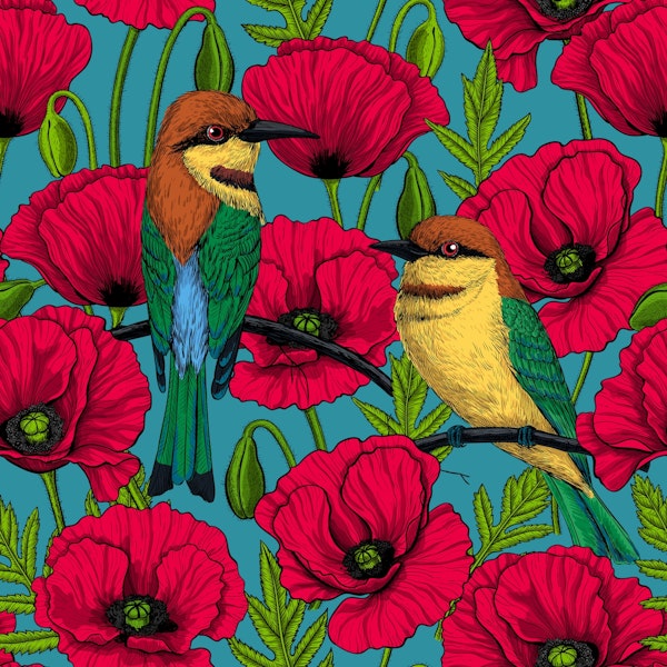 Bee eaters and poppies on turquoise