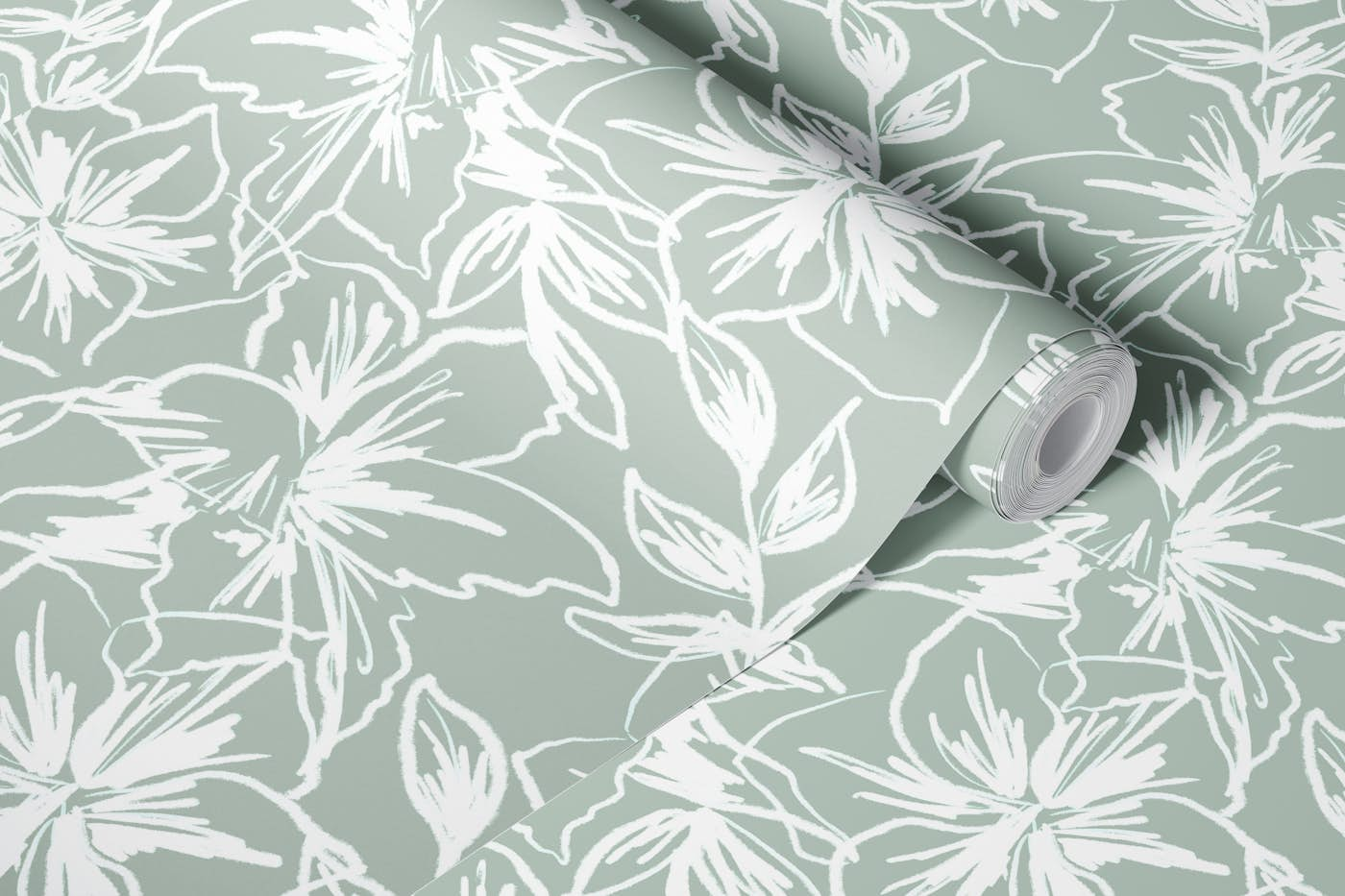 Floral Lines Sage Green wallpaper roll