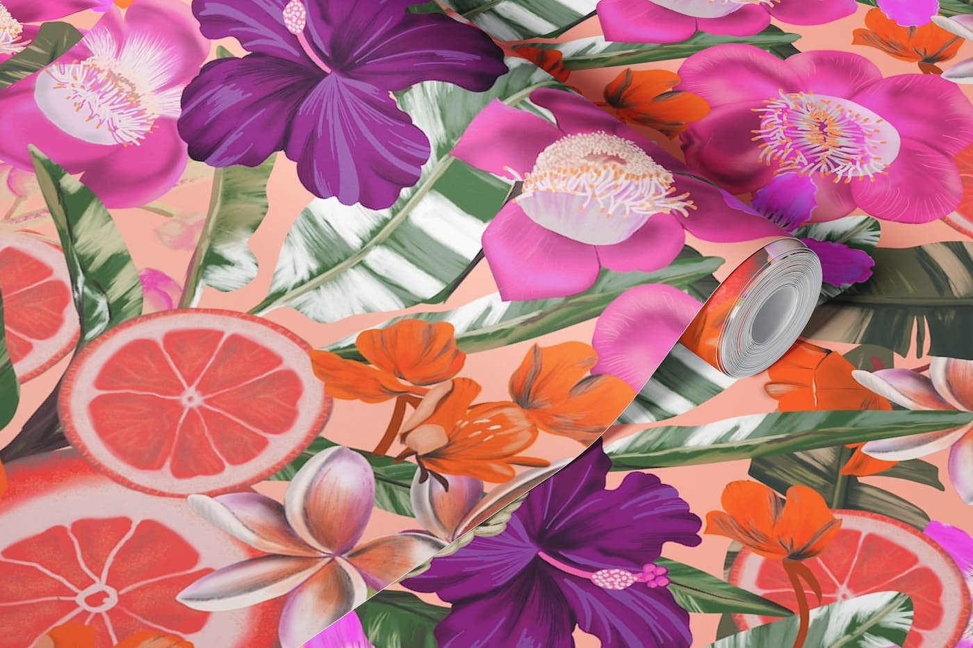 Flowers and Fruits Pink Pastel wallpaper roll