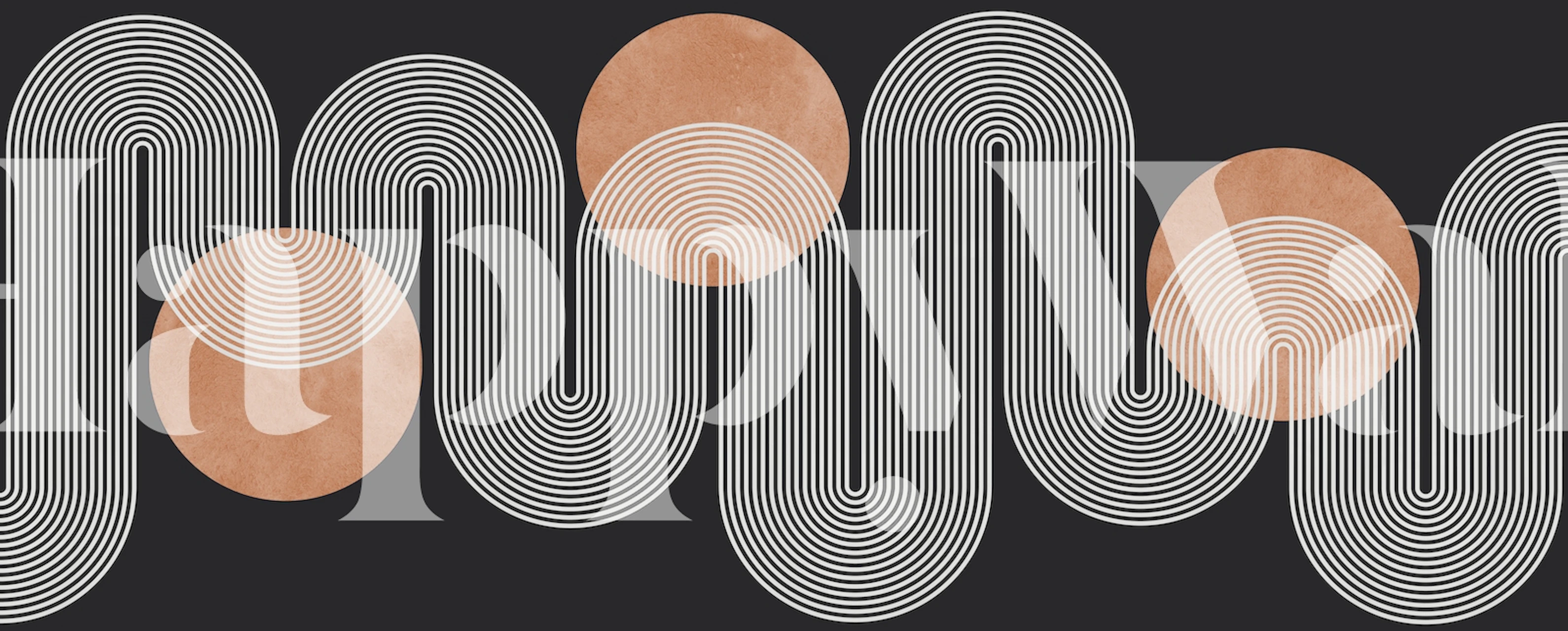Geometric lines and circles in white and tan on black wallpaper