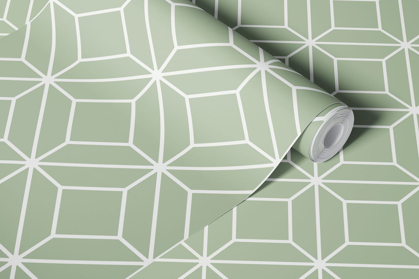 Victor Diamond Tiles - White on Sage Green wallpaper roll