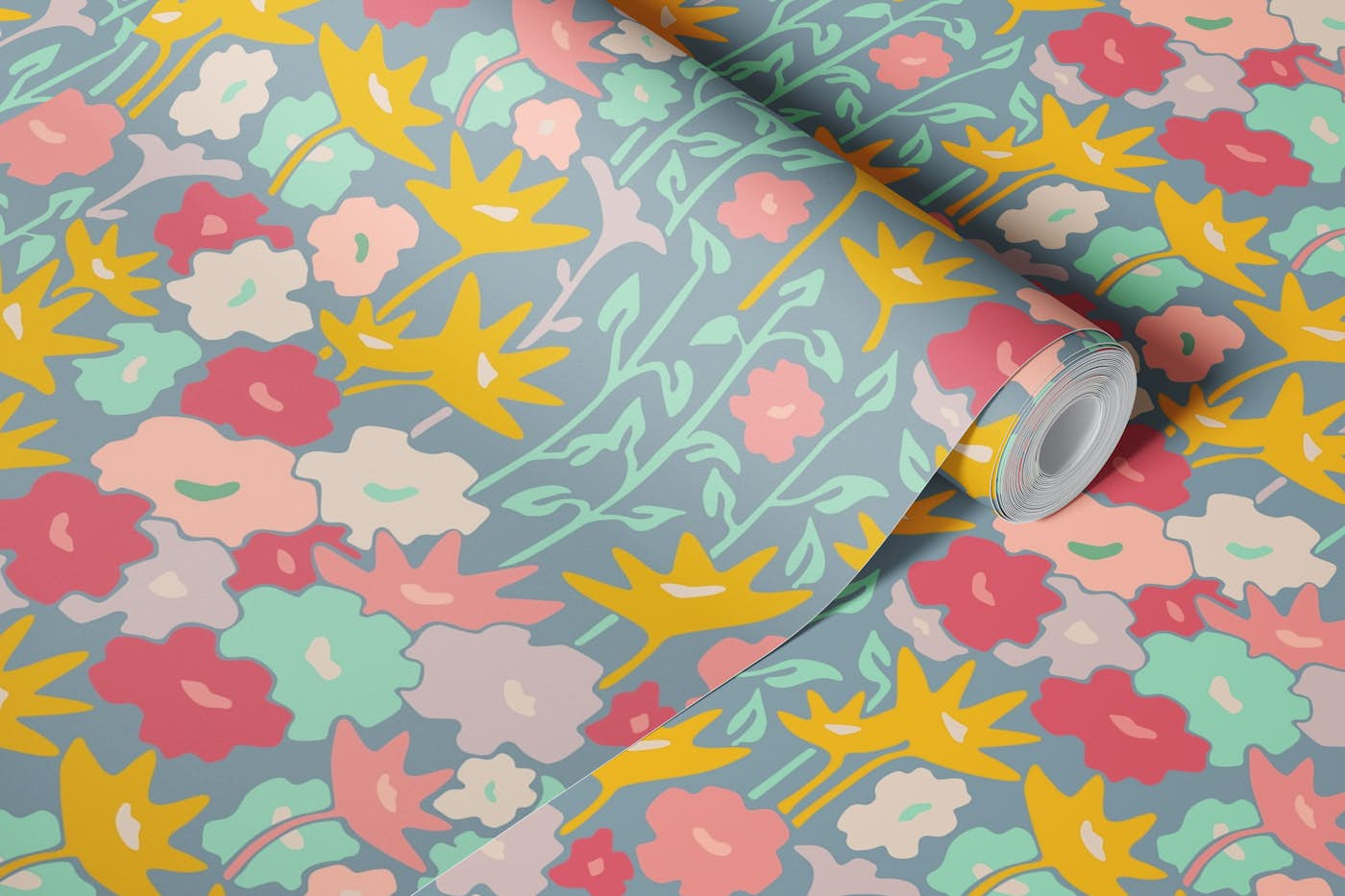 GARDEN BED Retro Abstract Flower Garden Gray wallpaper roll