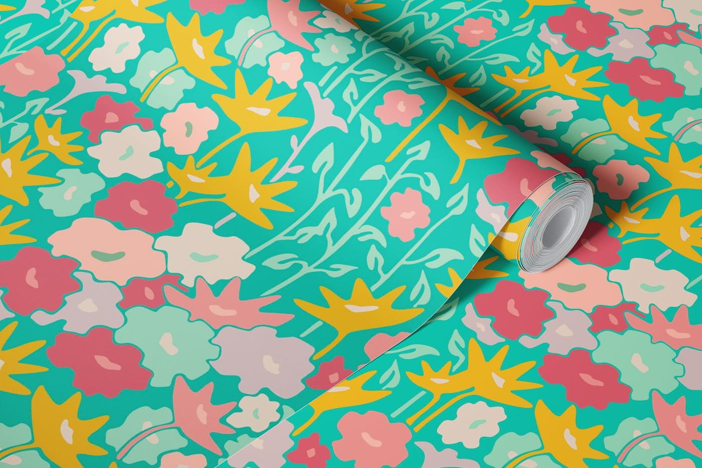 GARDEN BED Retro Abstract Flower Garden Aqua wallpaper roll