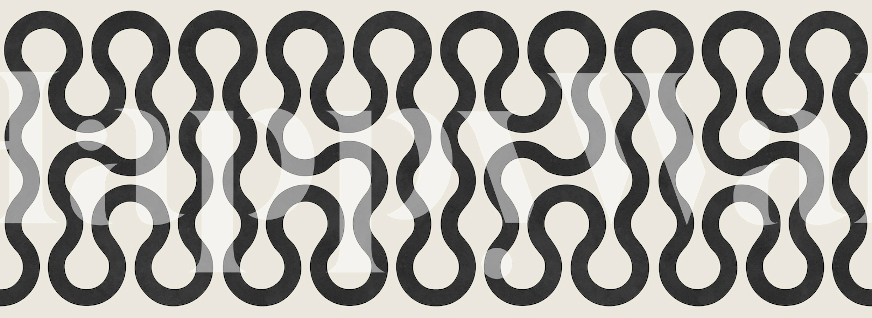 Mural artístico que presenta un patrón de líneas y círculos interconectados en una paleta monocromática