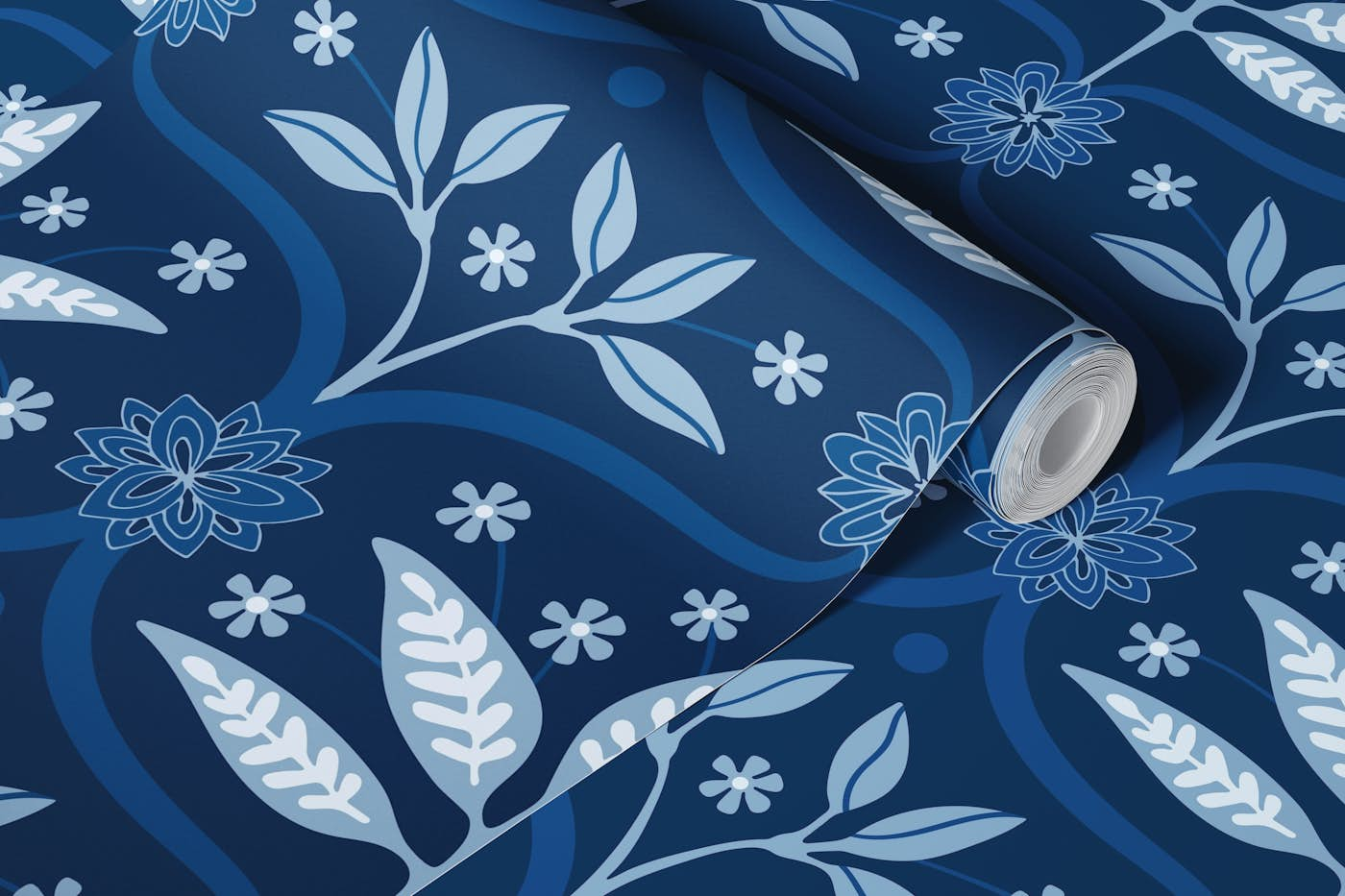 MAHAL Floral Botanical Damask Blue Large wallpaper roll