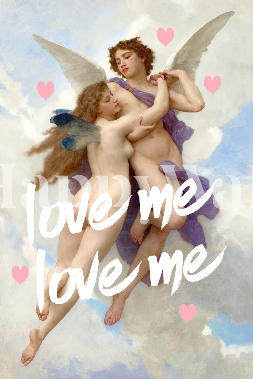 Two angels embracing among hearts and clouds wallpaper