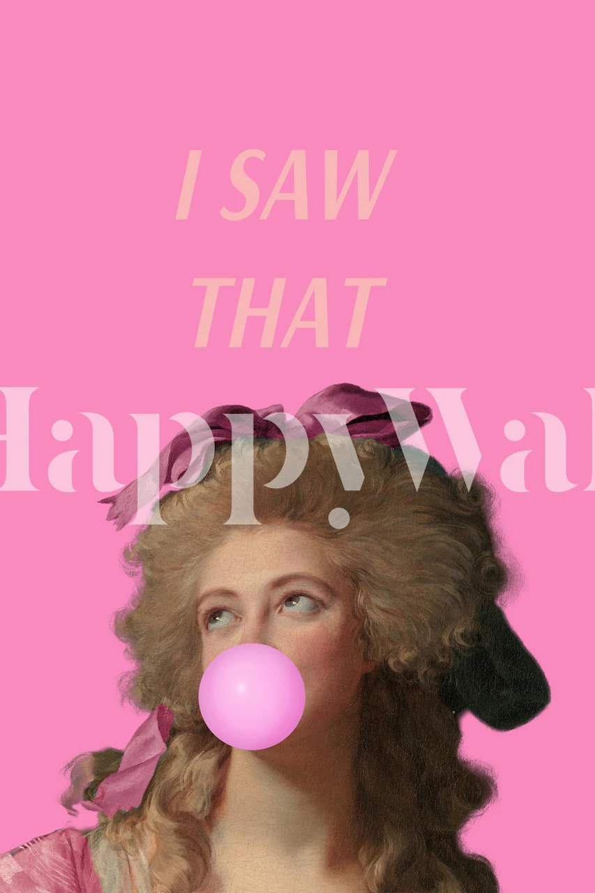 Wall mural with lady blowing bubble gum in vintage dress against pastel pink background