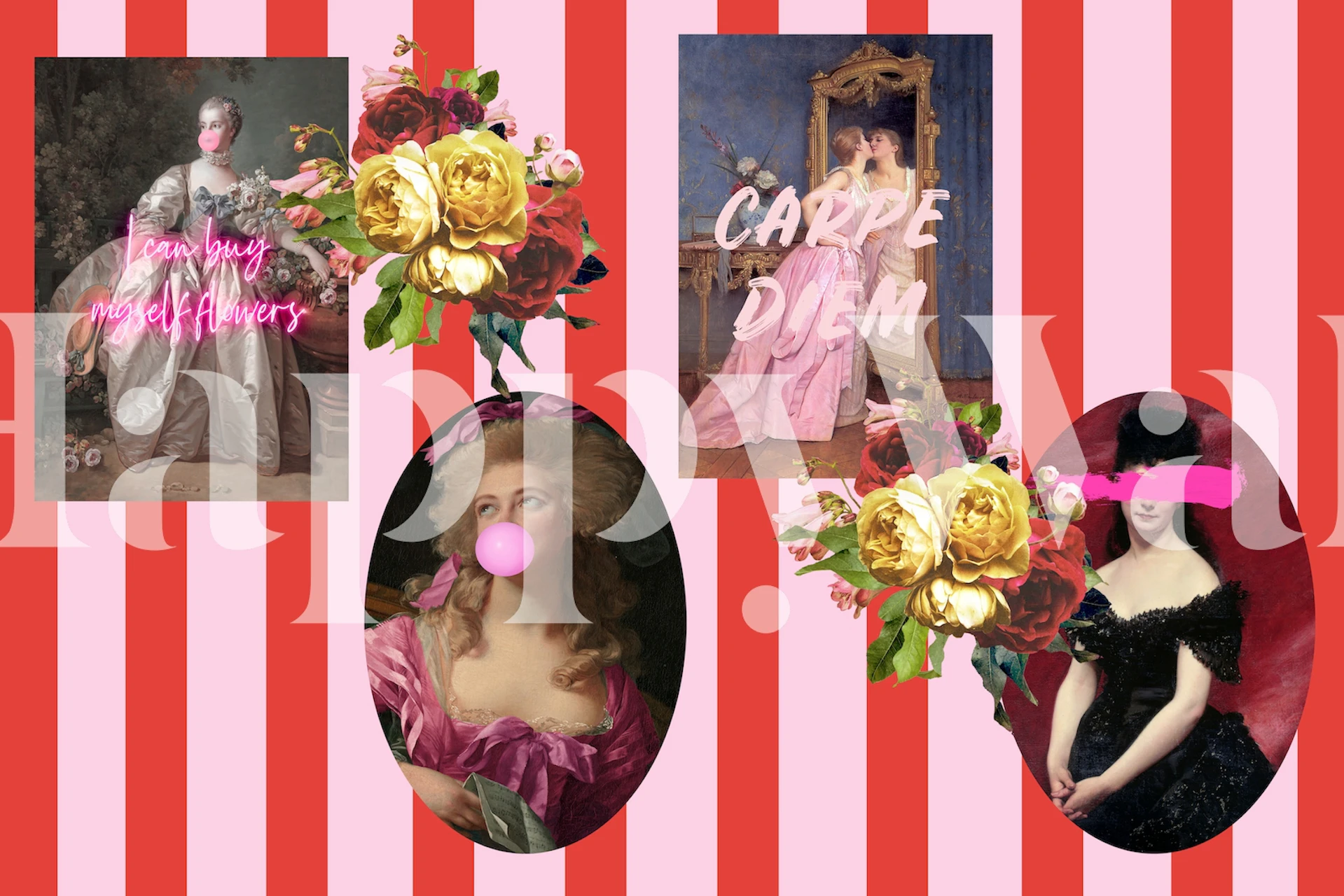 Tyylikäs tyttömäinen seinämaalaus vaaleanpunaisilla ja valkoisilla raidoilla ja vintage-muotokuvilla