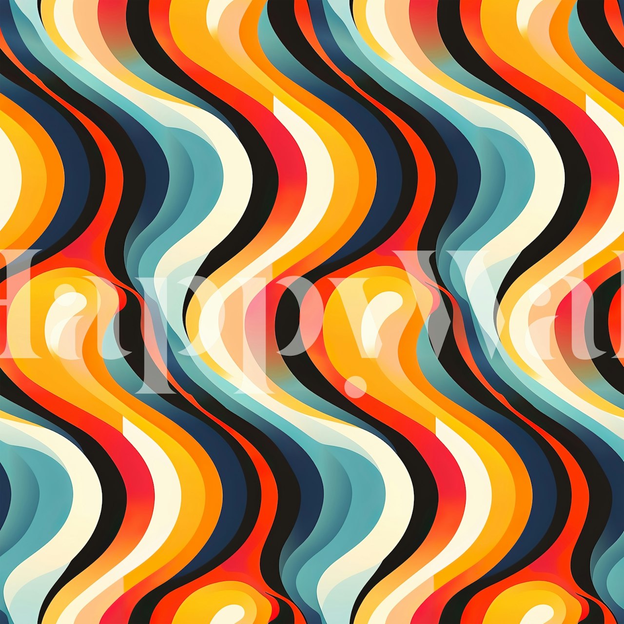 Colorful wavy lines in red, blue, orange, and cream wallpaper