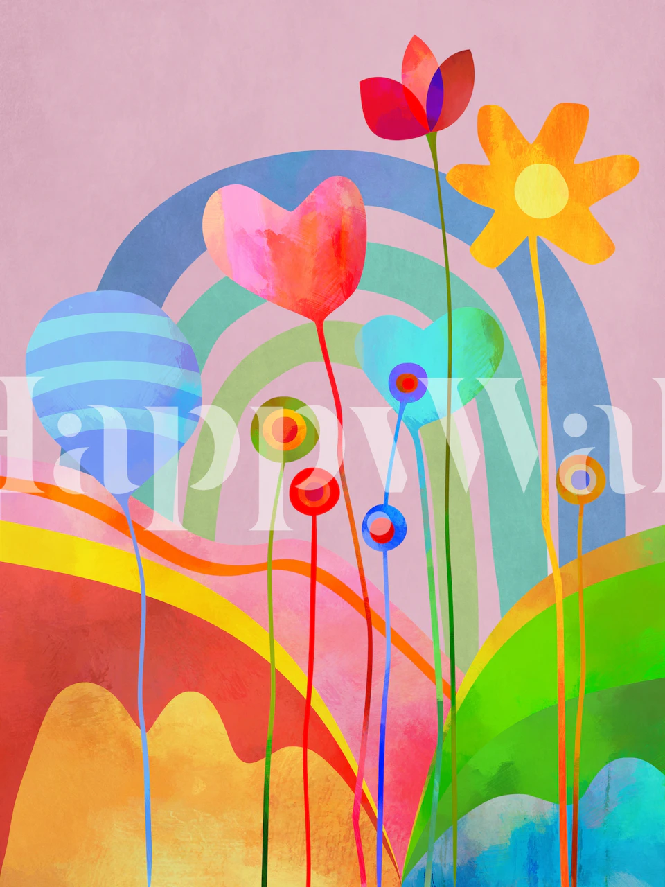 Whimsical pastel garden wall mural with stylized flowers and rainbow