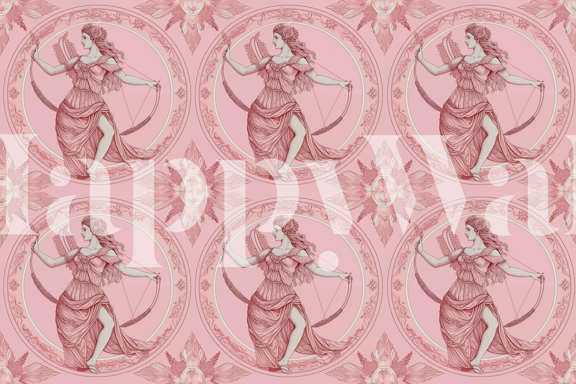 Ethereal pink goddess wall mural with floral and geometric patterns