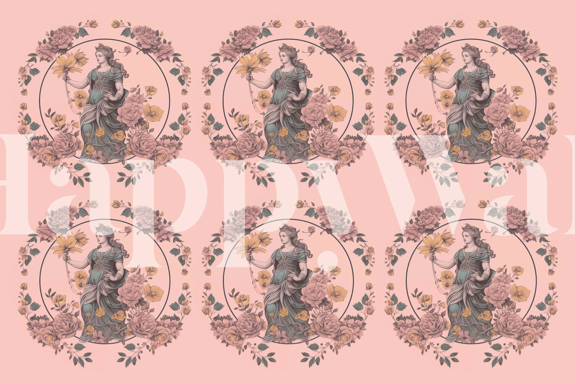 Floral pattern with goddesses in pink and blue wallpaper