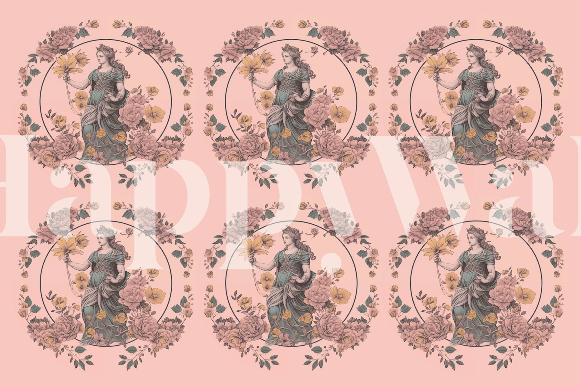 Floral pattern with goddesses in pink and blue wallpaper