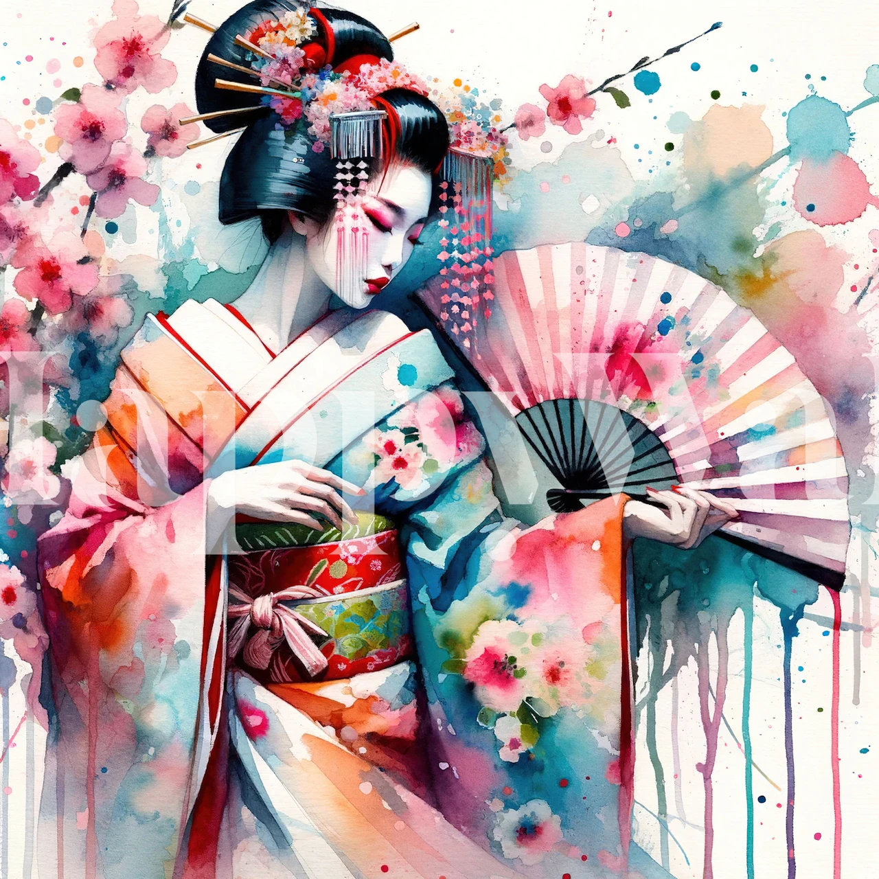 Watercolor Geisha holding fan, floral elements, colorful wallpaper