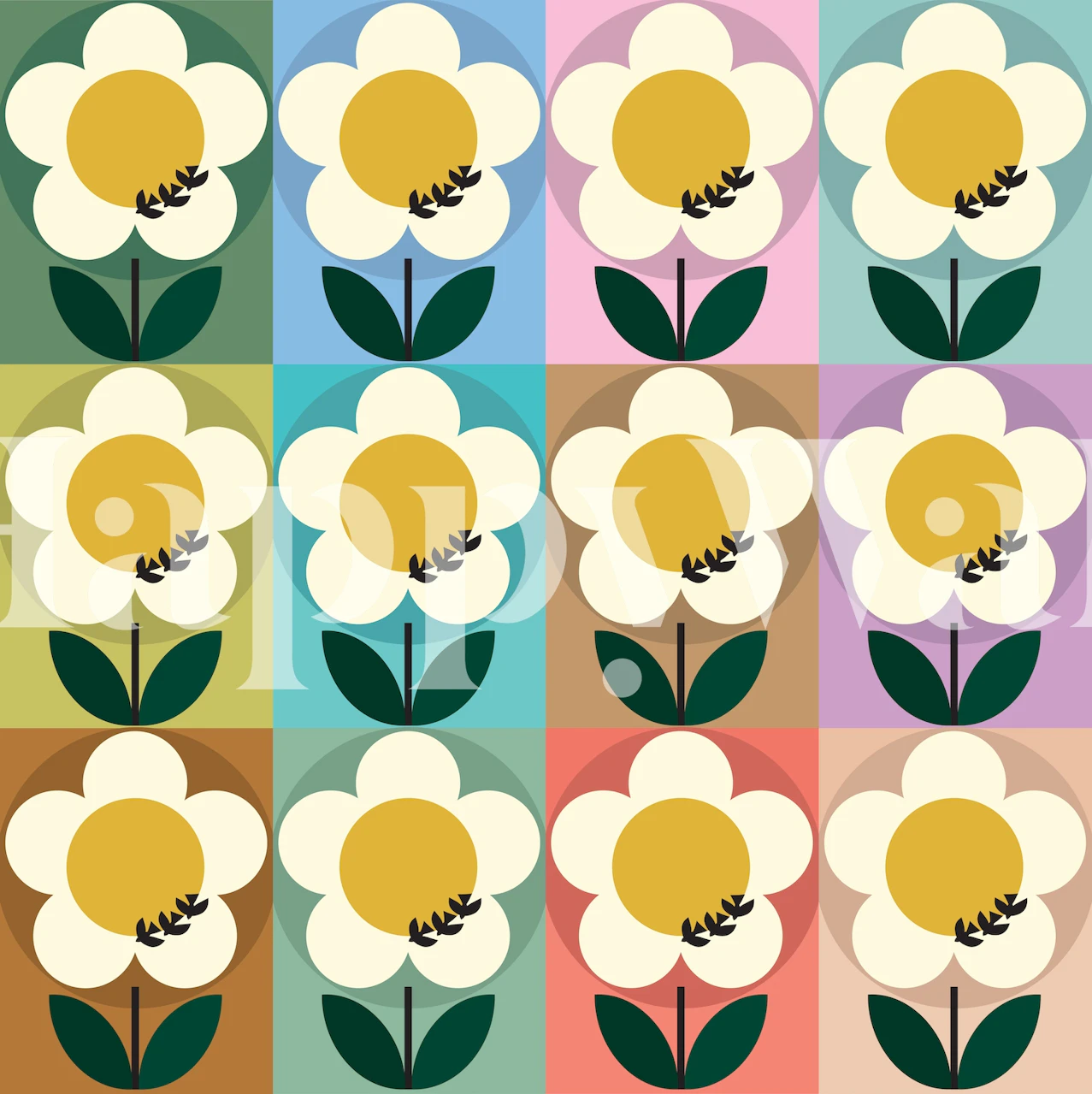 Design de papel de parede Retro Bird Blossoms em um quarto