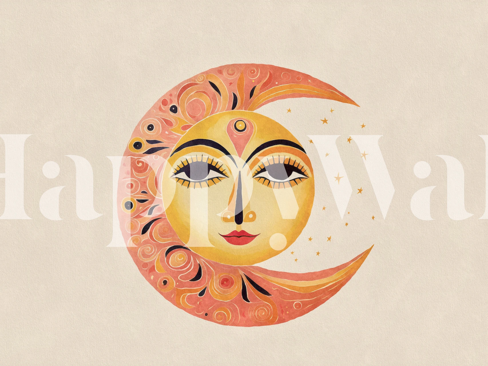 Fantástico mural de pared con cara de sol y luna con un armonioso diseño de sol y luna