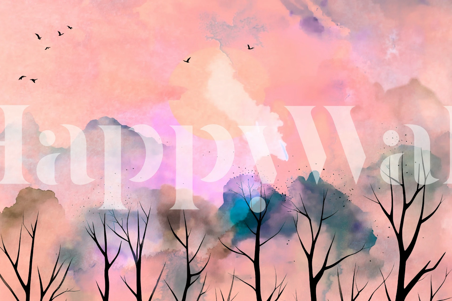 Pink forest landscape with trees and soft clouds wallpaper