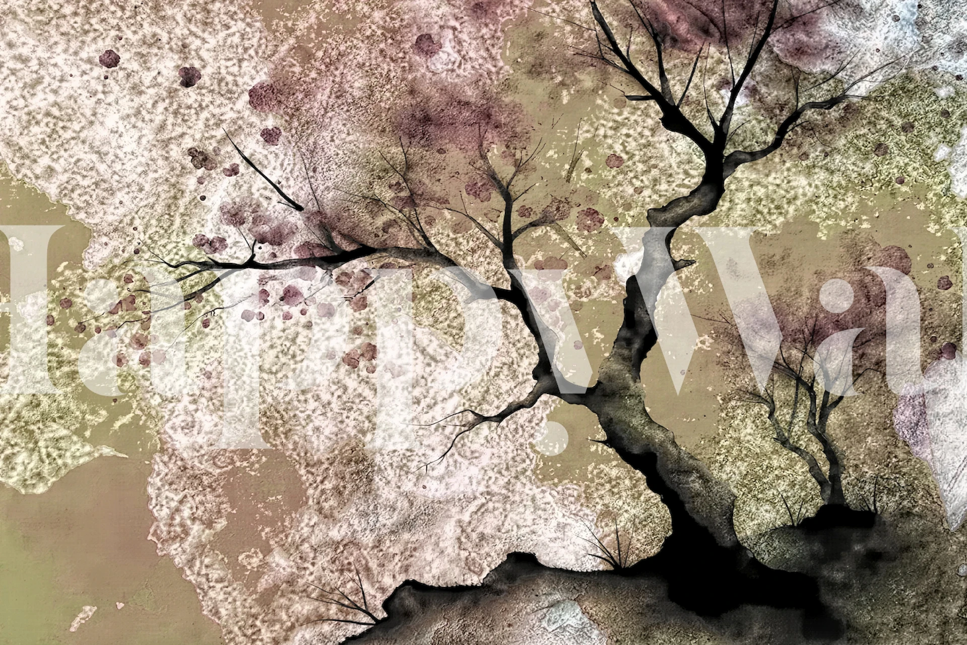 Black tree silhouettes, soft pink blossoms on textured background wallpaper