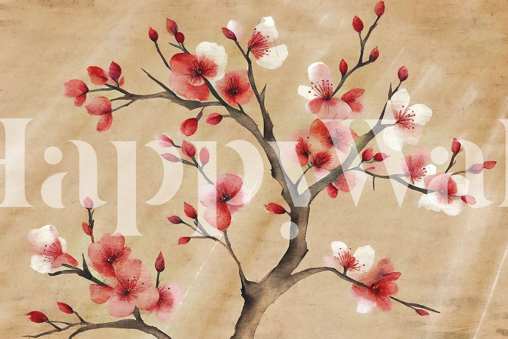 Antieke Japanse kersenboomtak muurschildering met bloesems